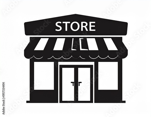 Black store icon with awning and signboard, retail shop symbol, flat vector design for ecommerce, business and marketplace concepts