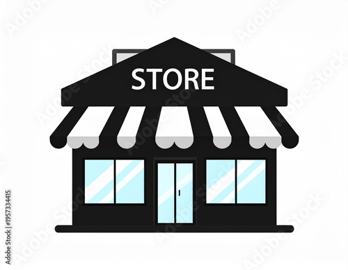 Black store icon with awning and signboard, retail shop symbol, flat vector design for ecommerce, business and marketplace concepts