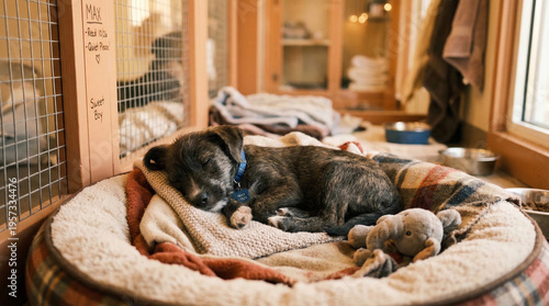 Small brindle puppy sleeping in a bed at animal shelter