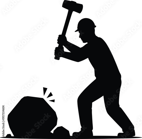 PrintBlack silhouette vector illustration of worker wearing hard hat striking rock with hammer, manual labor artwork, construction mining design composition
