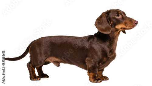 Charming brown and tan short-haired dachshund dog standing alertly looking right in profile