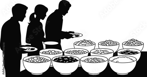 PrintBuffet dining illustration, communal meal gathering, people serving food, silhouette art, social eating, food variety, restaurant concept, vector artwork