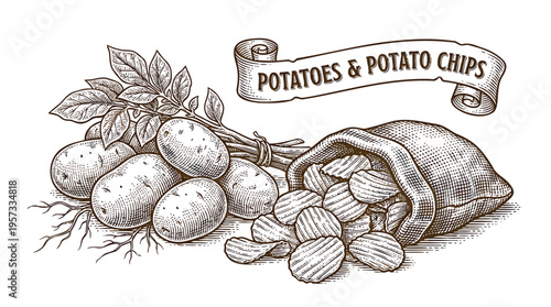 Hand-drawn vintage sketch of raw farm potatoes and a bag of crispy rippled potato chips, illustrating fresh produce and a popular processed snack food