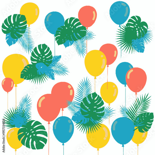 A vibrant collection of colorful balloons and tropical palm leaves scattered across a white background, creating a festive and summery atmosphere.