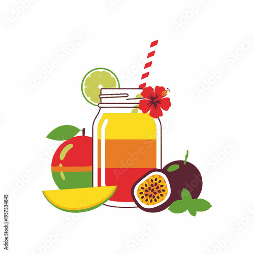 Vibrant layered tropical fruit juice in a mason jar with fresh fruits and a hibiscus flower garnish.