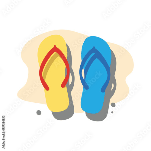 A pair of colorful flip-flops, one yellow and one blue, resting on a sandy beach.