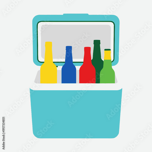 A bright blue cooler with its lid open, filled with five colorful bottles of drinks, including yellow, blue, red, dark green, and light green.