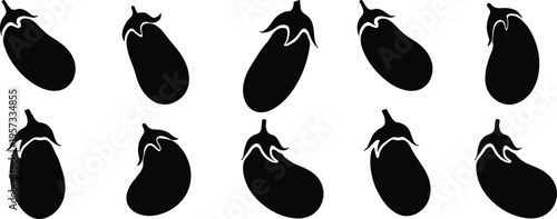 Eggplant silhouettes collection, aubergine vegetable set, fresh food illustration, isolated vector icons, organic produce shapes, healthy cooking ingredient bundle