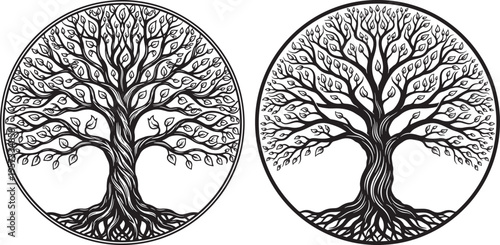 Intricate black and white illustrations of the Tree of Life within a circle, representing growth, connection, and existence. Symbolic natural graphic on a white background