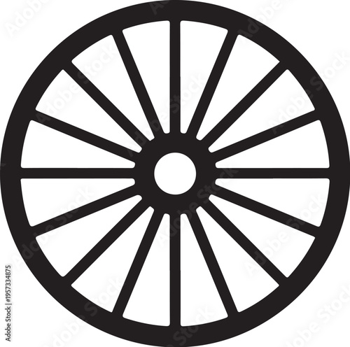 Black wheel icon, vector wheel symbol, circular spoke design, transportation element