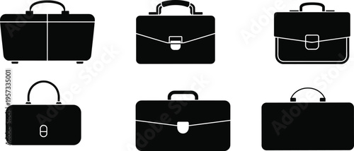 Briefcase silhouettes collection, business bag set, office professional accessories illustration, isolated vector briefcases, corporate work bags bundle, classic portfolio designs
