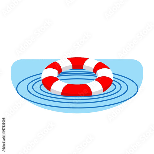 A red and white striped life preserver ring floating on rippling blue water, symbolizing safety and rescue.