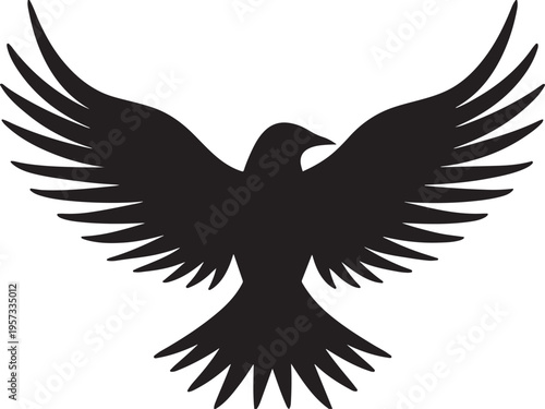 Raven silhouette with spread wings vector illustration isolated on transparent background