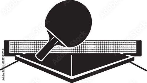 Table tennis, ping pong, racket and net, black and white vector icon