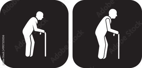 White silhouette icon of two elderly people with canes, representing old age and seniors, isolated on black square background, Walking Stick
