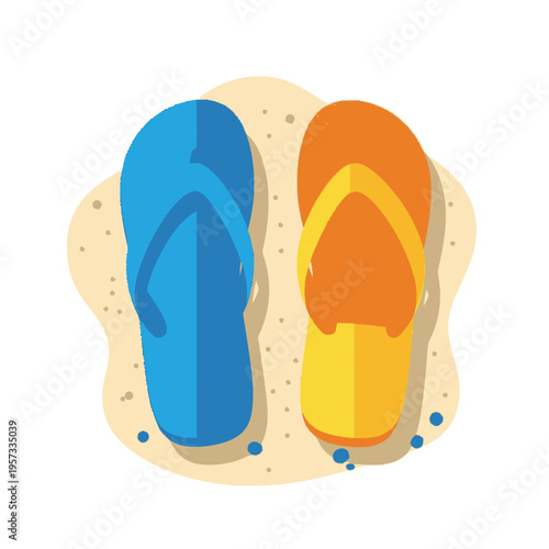A pair of brightly colored flip-flops, one blue and one orange, resting on a sandy beach with small pebbles.