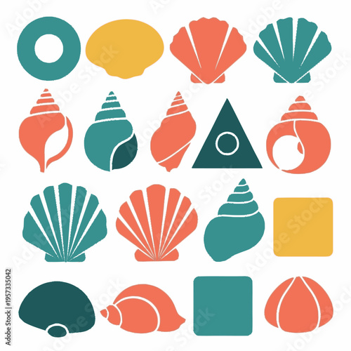 A vibrant collection of stylized seashells and geometric shapes in teal, coral, and yellow.
