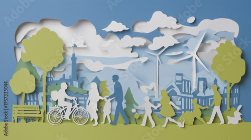 Happy Family Enjoying Fresh Air in Park – Kids Playing Football in Eco Green City, Save Planet and Energy Concept Flat Vector Illustration