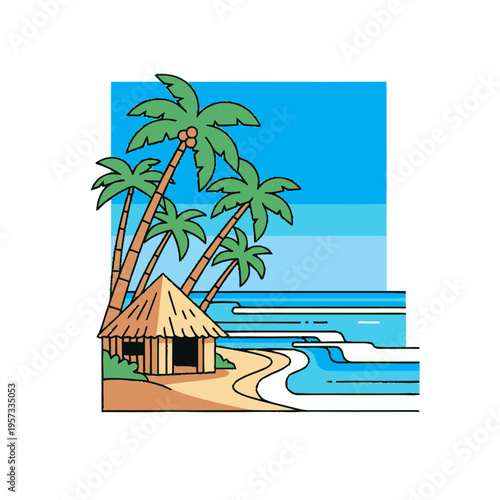 A charming tropical beach scene featuring a thatched-roof hut nestled among swaying palm trees with gentle waves lapping the sandy shore under a clear blue sky.