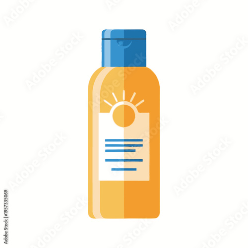 A simple, flat illustration of a bottle of sunscreen with a blue cap and a label featuring a sun icon.