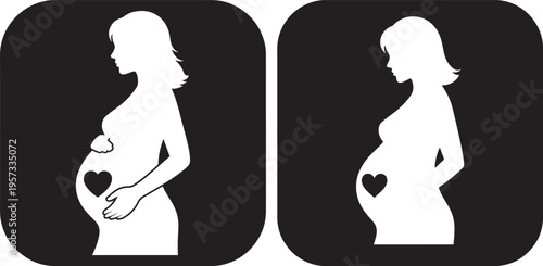 White silhouette icon of a pregnant woman with a heart symbol on her belly, representing pregnancy and motherhood, isolated on black square background, New Life