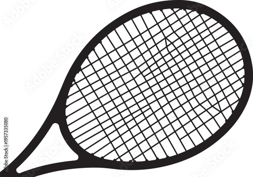 Tennis racket, black sports equipment, racquet icon, vector illustration