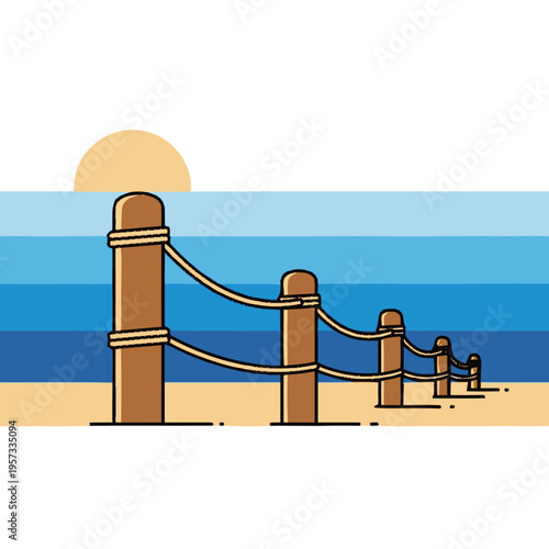 A wooden post and rope barrier on a sandy beach with the ocean and sun in the background.