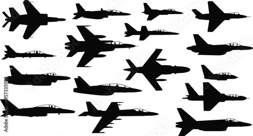 Fotografie Fighter jet silhouettes set, military aircraft collection, combat aviation illus