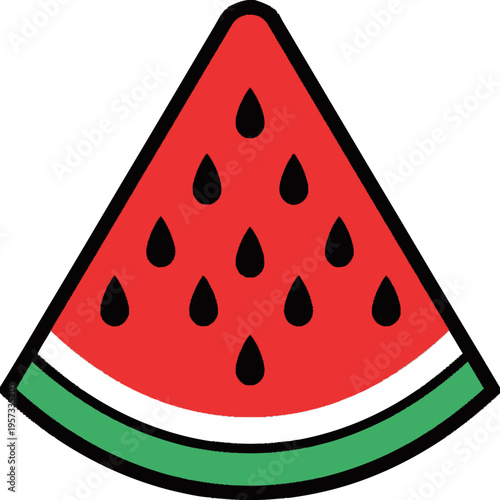 A vibrant, stylized slice of watermelon with black seeds, showcasing its iconic red flesh and green rind.