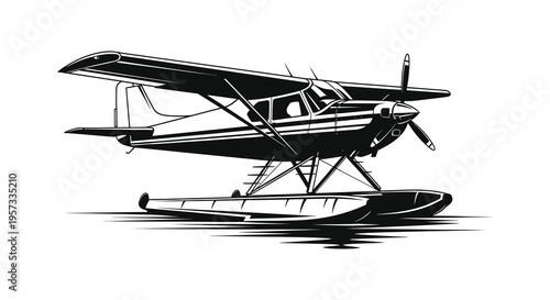 A striking black and white depiction of a floatplane showcasing its unique design as a silhouette high quality professional detailed modern