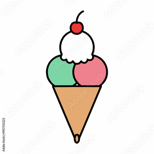 A delicious three-scoop ice cream cone with a cherry on top, featuring mint, strawberry, and vanilla flavors.