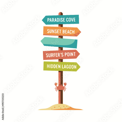 A directional signpost on a sandy beach points to various tropical destinations like Paradise Cove and Sunset Beach, with a small crab at its base.