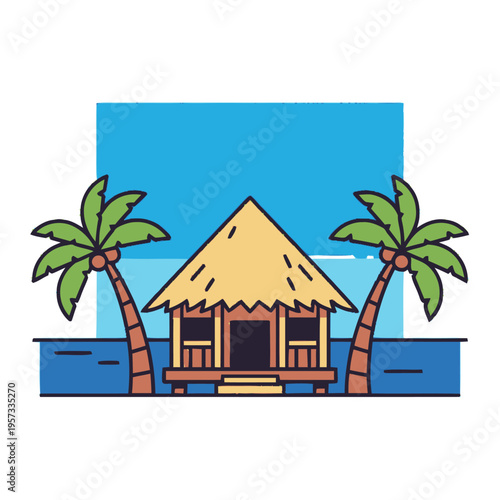 A charming tropical bungalow with a thatched roof stands on stilts over the ocean, flanked by two palm trees under a clear blue sky.