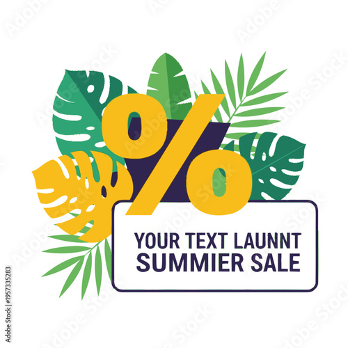 Summer sale announcement with tropical leaves and percentage symbol, promoting discounts and seasonal offers.