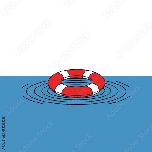 A red and white life preserver ring floats on rippling blue water under a white sky.
