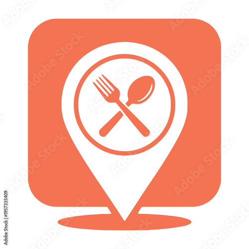 Restaurant location pin icon with crossed fork and spoon on plate
