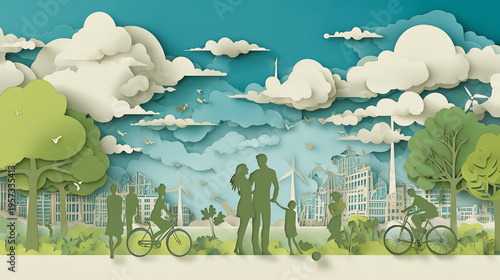 Happy Family Enjoying Fresh Air in Park – Kids Playing Football in Eco Green City, Save Planet and Energy Concept Flat Vector Illustration