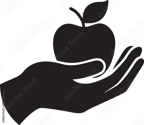 Hand holding an apple black silhouette symbolizing healthy eating and wellness concept