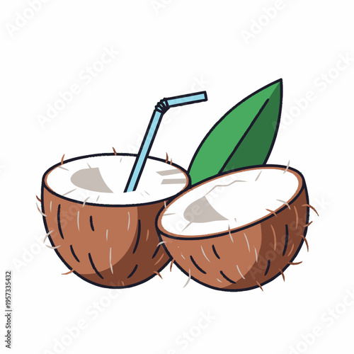 A refreshing image of a halved coconut with a blue straw inserted into one half, accompanied by a green leaf, suggesting a tropical beverage.