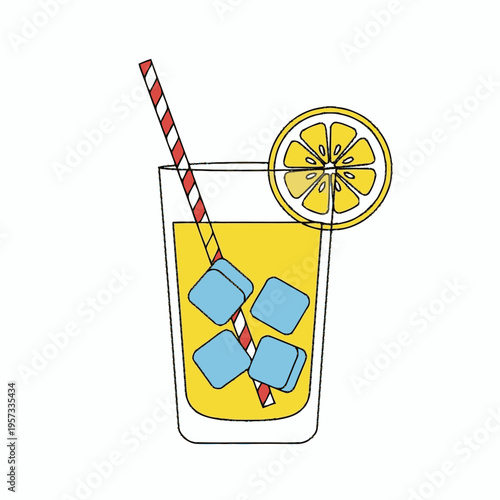 A refreshing glass of yellow lemonade with ice cubes and a lemon slice garnish, served with a striped straw.