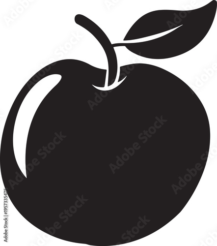 Black silhouette apple with leaf and stem isolated on transparent background
