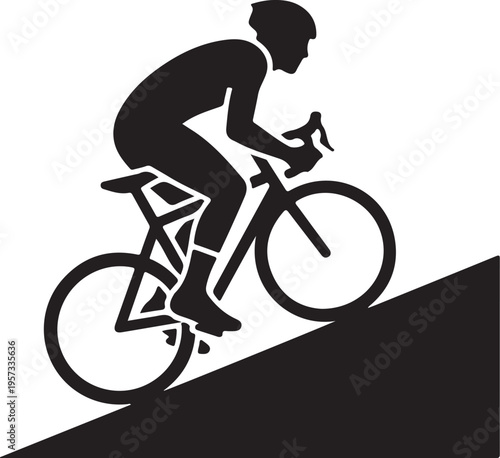 Vector silhouette of cyclist riding uphill on bicycle