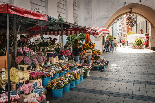Flower market on Marienplatz in the center of Munich Bavaria Germany