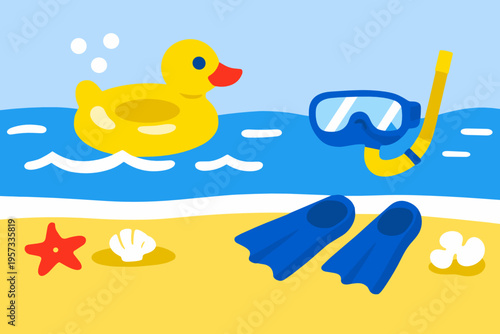 Yellow duck float, snorkel mask, fins and tube on a sunny beach by the water. Cute summer recreation illustration with swimming, snorkeling and family holiday concept.