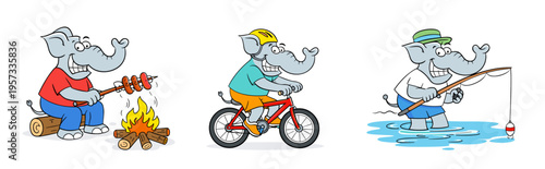 Cute mouse character set showing camping, cycling, and ice skating scenes. Fun outdoor adventure collection for children illustrations, seasonal activities, and lifestyle stickers.