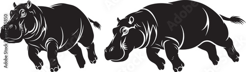 Two black silhouette hippopotamuses running, dynamic wild animal graphic illustration, isolated on white background, Animal Lover