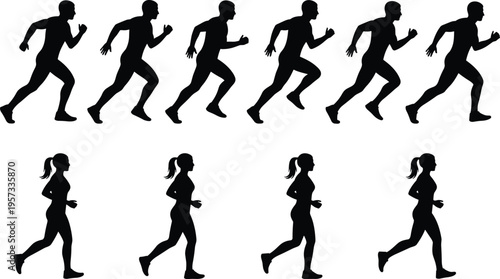 Set of male and female runner silhouettes in jogging and sprint motion sequence isolated on white background for fitness design use