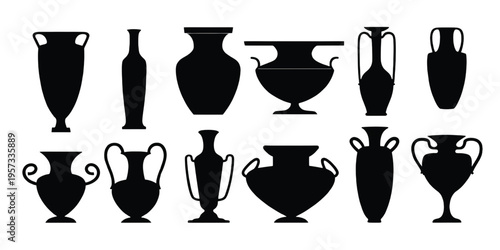 A collection of twelve black silhouette icons depicting various styles of ancient greek pottery