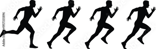 Set of male runner silhouettes in sprint motion sequence isolated on white background for fitness sports and speed training design