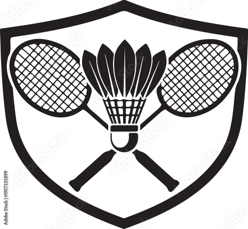 Vector badminton shield icon with rackets and shuttlecock